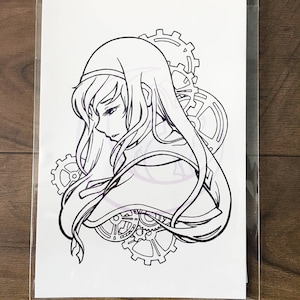 Op de afbeelding: Lijntekening van een vrouw met lang haar, die een capuchon draagt, omringd door tandwielen. De vrouw kijkt naar beneden en lijkt verdrietig.