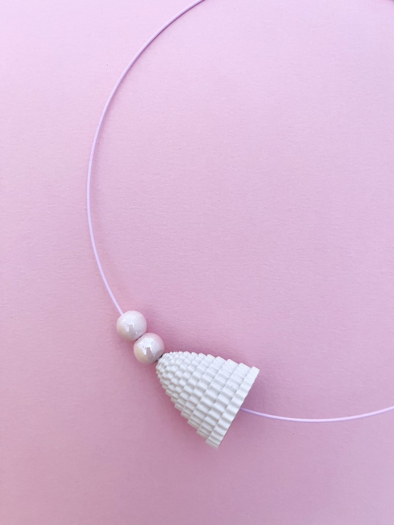 Paper Necklace, Ceramic Beads Choker, Minimal Choker, Contemporary Jewel, Statement Choker, Steel Cable Jewel Pink