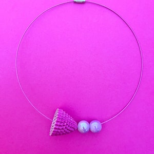 Paper Necklace, Ceramic Beads Choker, Minimal Choker, Contemporary Jewel, Statement Choker, Steel Cable Jewel Magenta