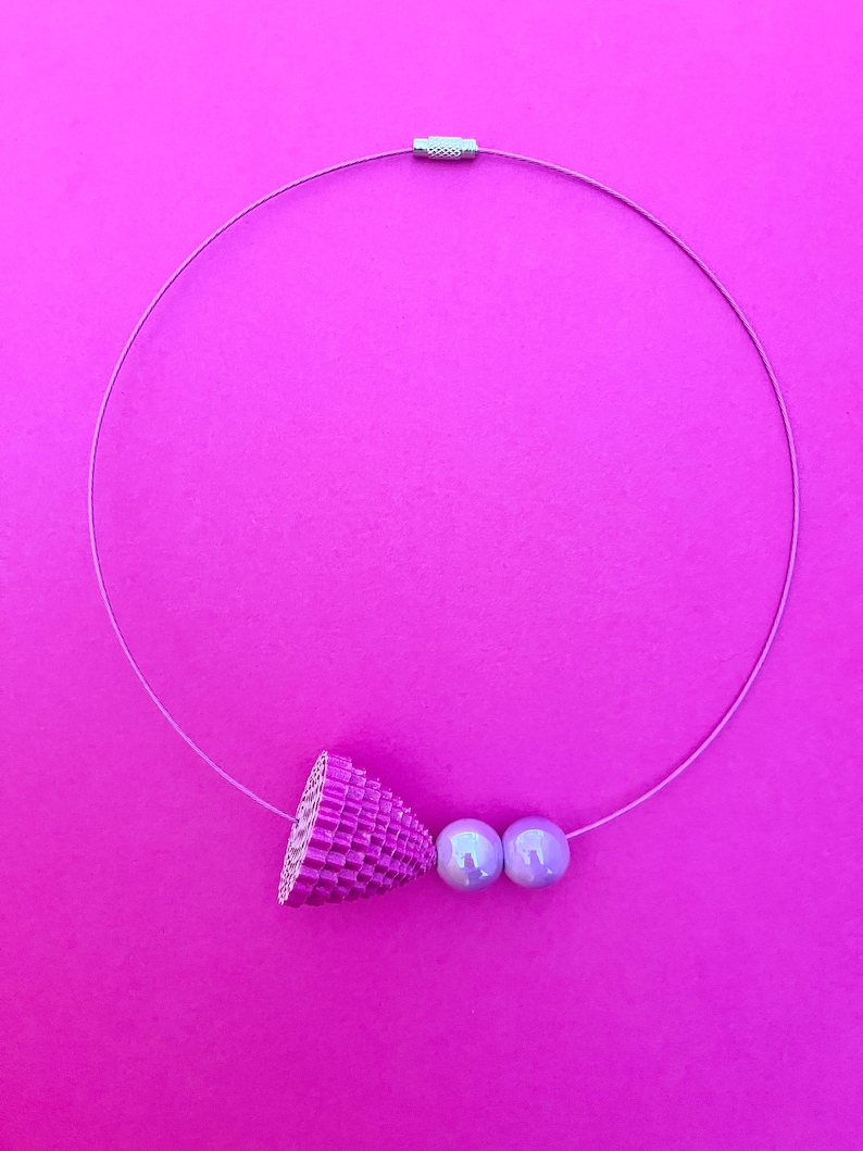 Paper Necklace, Ceramic Beads Choker, Minimal Choker, Contemporary Jewel, Statement Choker, Steel Cable Jewel Magenta