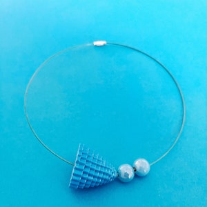 Paper Necklace, Ceramic Beads Choker, Minimal Choker, Contemporary Jewel, Statement Choker, Steel Cable Jewel Azzurro