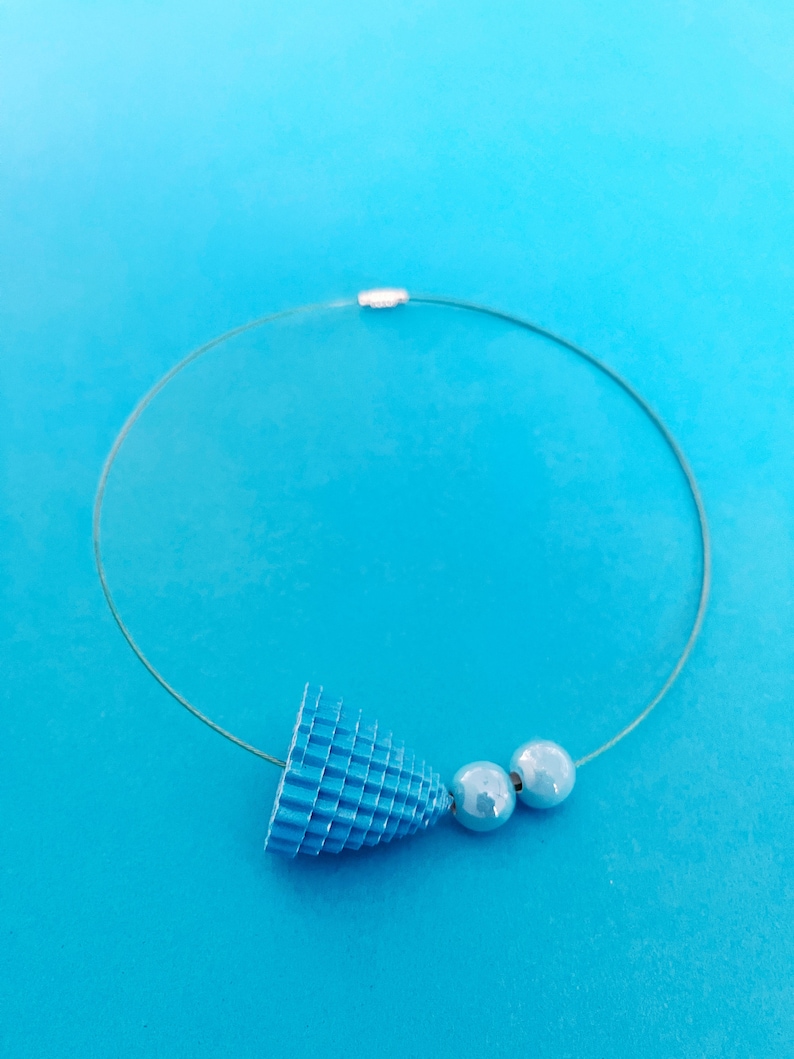 Paper Necklace, Ceramic Beads Choker, Minimal Choker, Contemporary Jewel, Statement Choker, Steel Cable Jewel Azzurro