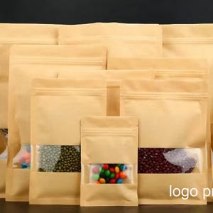 100 buste Kraft stand up trasparenti / antigelo per finestra, buste per imballaggio alimentare con chiusura lampo autoportante Kraft marrone