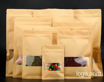100x  Kraft Paper Zipper Stand up/ flat Clear Window Pouches,Kraft Brown Self Stand/flat Zip Lock Reusable Food Wedding Party Packaging Bags