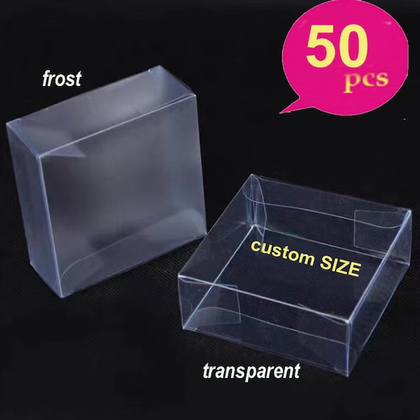 50pcs-Clear / frost Emballage pliable en plastique PVC Petite boîte carrée pour bijoux de mariage Boîtes à savon