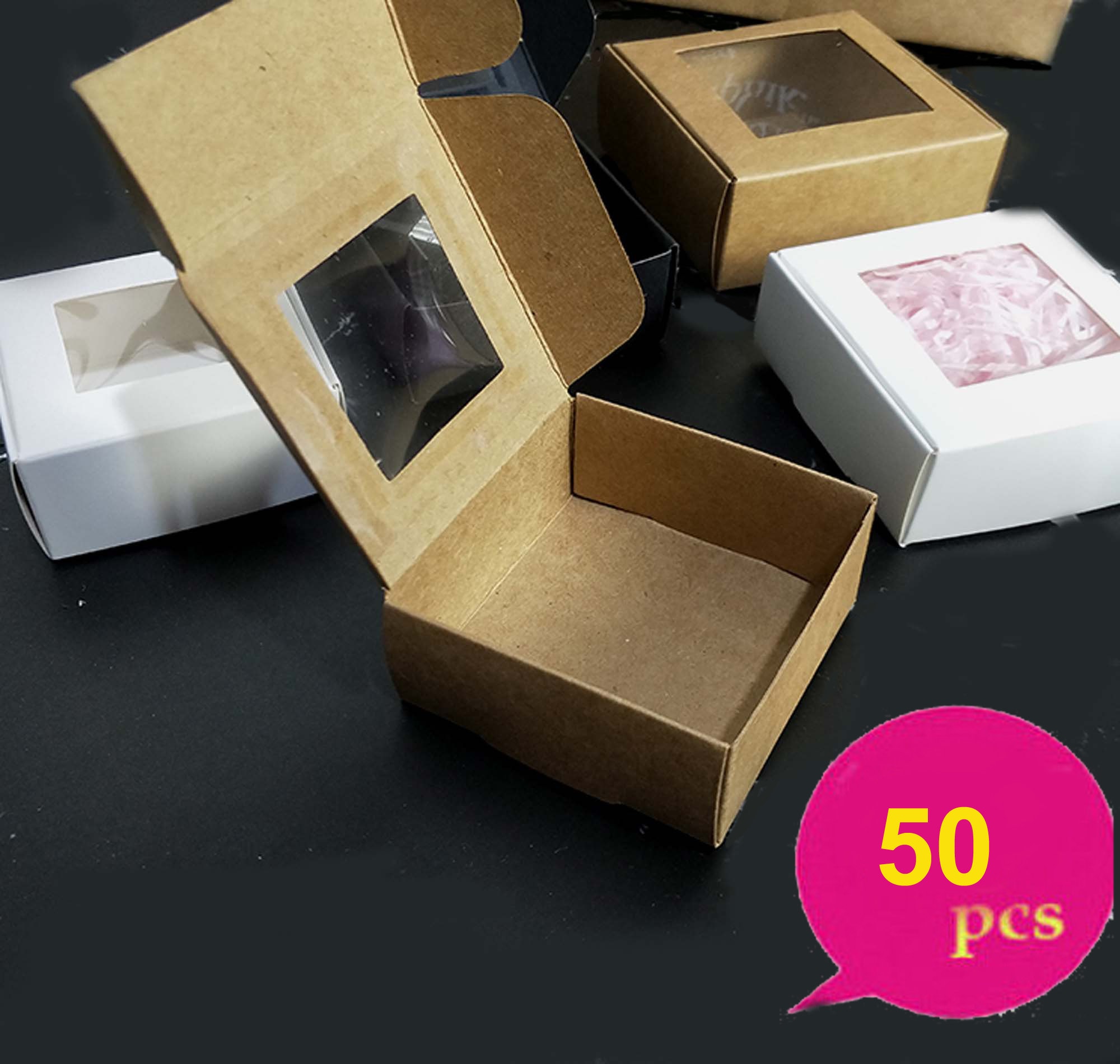 50pcs Kraft Paper Box with Clear Window Cardboard Boxes Soap Boxes