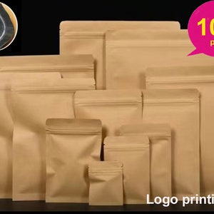 100x Bolsas Planas Kraft com Fecho de Fechamento Automático Sacos Reutilizáveis para Embalagens de Alimentos com Folha Impermeável Interna