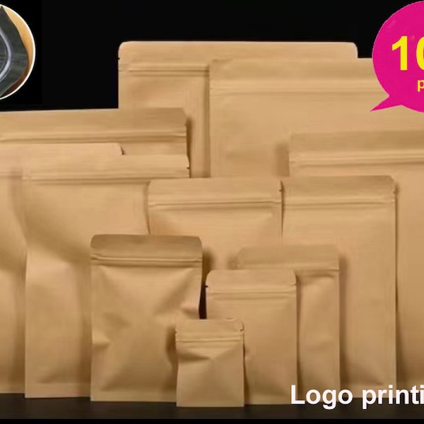 100x sachets plats Kraft auto-fermeture à glissière sacs d'emballage alimentaire réutilisables avec feuille intérieure imperméable