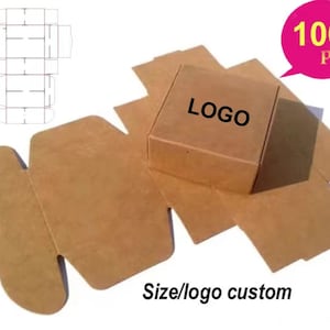 May include: A set of brown cardboard boxes, including one assembled square box with the word LOGO printed on top and several flat, unfolded box templates. A pink circular graphic displays the text 100 pcs, and the text Size/logo custom appears.