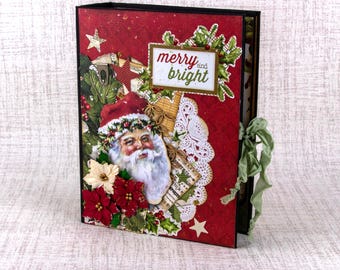 Christmas Themed handmade mini scrapbook album for photos and journaling your holiday memories Merry & Bright