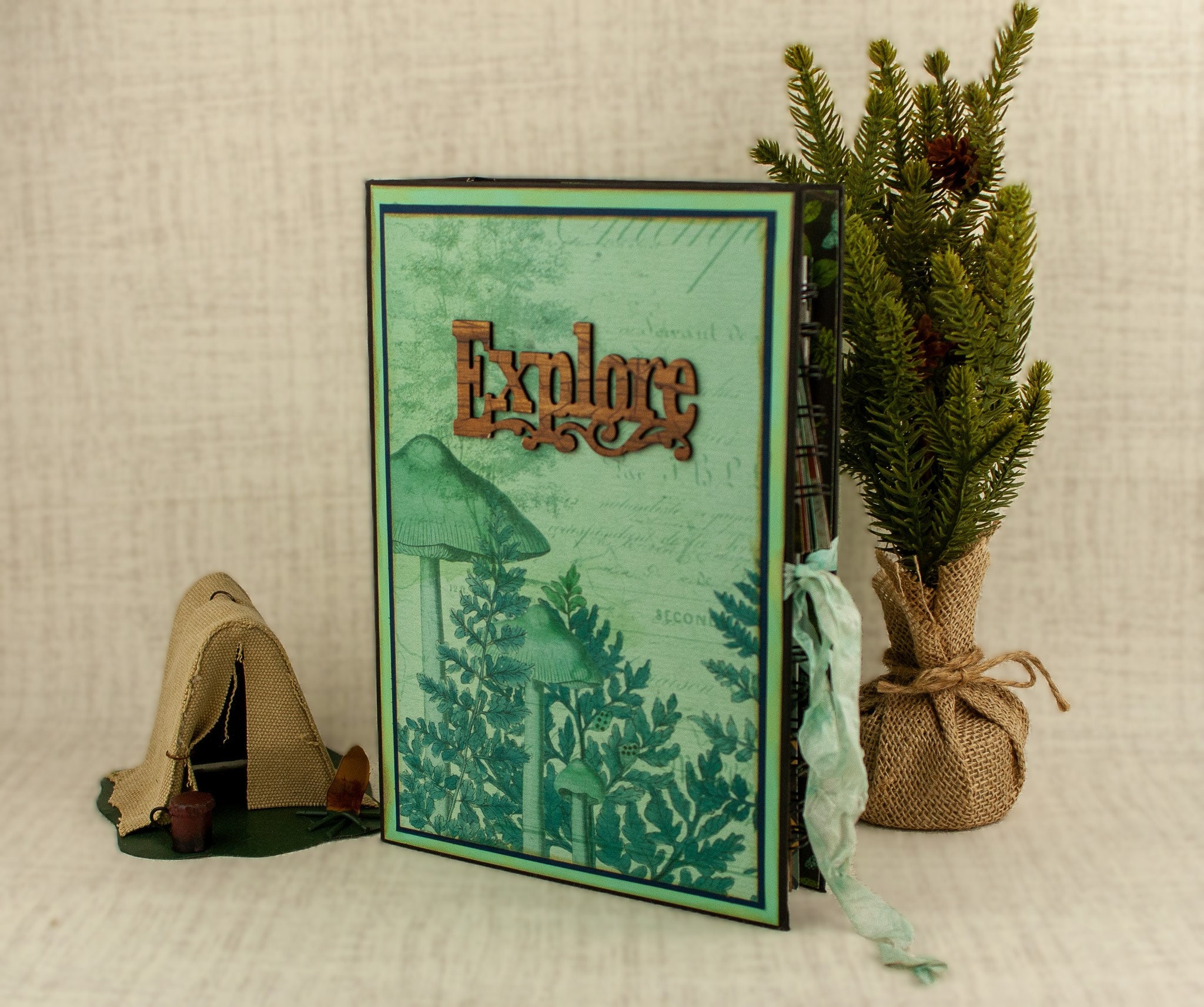 Photo Album & Journal for Hiking,Camping,Outdoorsy Guy or Gal-Blue Mushrooms Explore Handmade Scrapbook Journal (Spiral Notebooks)