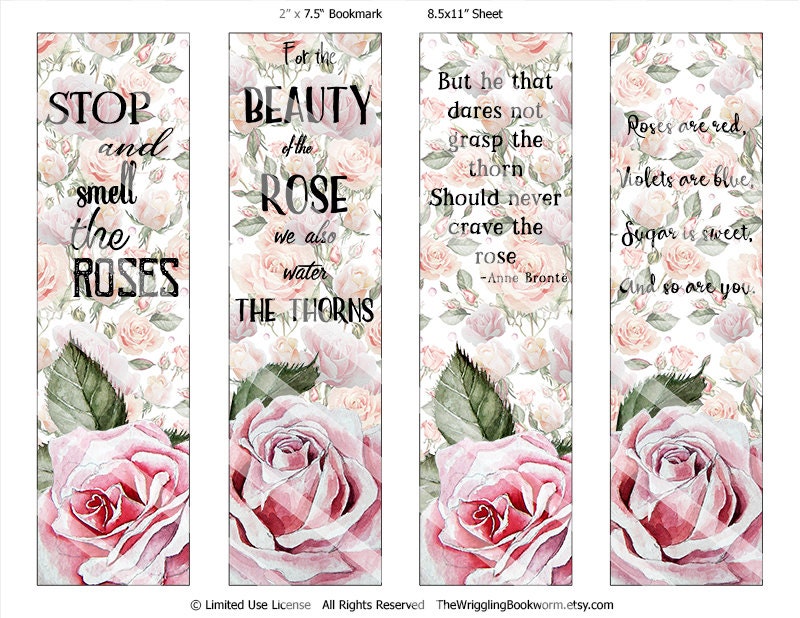 Printable Bookmark Roses Instant Download Famous Quotes | Etsy