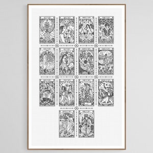 May include: Black and white illustration of the Cups suit from a tarot deck. The cards are arranged in a grid with the Ace of Cups at the top left and the King of Cups at the bottom right.