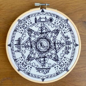 Könnte beinhalten: Ein schwarzer und weißer Stickrahmen mit einem kreisförmigen Design, das verschiedene Sehenswürdigkeiten und Symbole zeigt. Das Design beinhaltet ein Schiff, ein Schloss, eine Brücke und einen Stern.