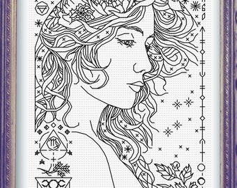 Harvest Moon - Virgo - Modern Blackwork Cross Stitch Pattern - Zodiac Lunar Calendar