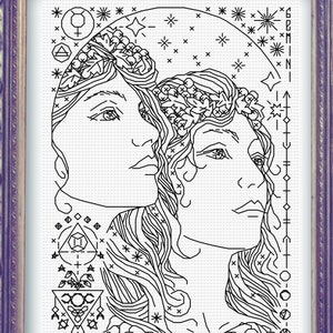 May include: Black and white line art illustration of two women's faces with floral details and astrological symbols. The text "Strawberry Moon" is at the bottom of the image.