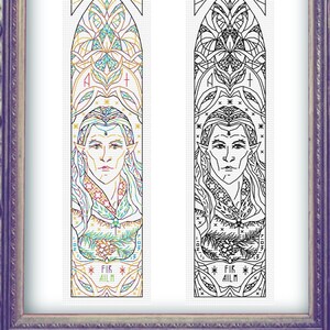 Bokmärke med bokstav - Ailm Ogham Rune - Keltiskt/Druidiskt horoskop - Modernt handbroderimönster med svarta broderier, efterstygn (som i korsstygn)