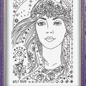 May include: A black and white line drawing of a woman with a crown of flowers and stars on her head. The drawing is surrounded by symbols and the words "Wolf Moon".