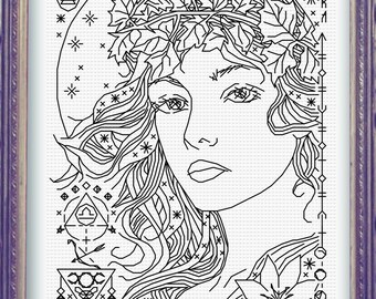 Hunter Moon - Libra - Modern Blackwork Cross Stitch Pattern - Zodiac Lunar Calendar