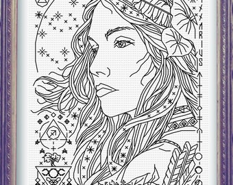 Oak Moon - Sagittarius - Modern Blackwork Cross Stitch Pattern - Zodiac Lunar Calendar