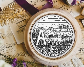 A for Athens - ABCt - City Alphabet Sampler - Modern Blackwork Embroidery PDF Pattern, Backstitch (as in Cross Stitch), Small Hoop, Coaster