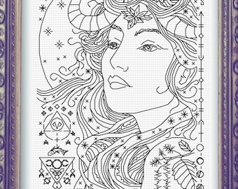 Fish Moon - Aries - Modern Blackwork Cross Stitch Pattern - Zodiac Lunar Calendar