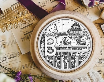 B for Berlin - ABCt - City Alphabet Sampler - Modern Blackwork Embroidery PDF Pattern, Backstitch (as in Cross Stitch), Small Hoop, Coaster