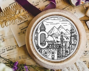 C for Cairo - ABCt - City Alphabet Sampler - Modern Blackwork Embroidery PDF Pattern, Backstitch (as in Cross Stitch), Small Hoop, Coaster