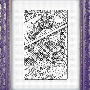 Op de afbeelding: Zwart-witte lijntekening van een kameleon op een tak. De kameleon kijkt naar de linkerkant van de afbeelding en heeft zijn tong uitgestoken. De tak is bedekt met bladeren en wijnstokken.