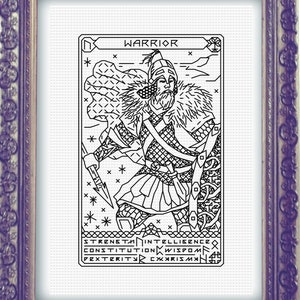 以下が含まれることがあります： 槍と盾を持った戦士のキャラクターの白黒イラスト。イラストは白い枠で囲まれており、上部に「WARRIOR」という単語、下部に「STRENGTH, INTELLIGENCE, CONSTITUTION, WISDOM, DEXTERITY, CHARISMA」という単語が書かれています。