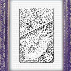 May include: Black and white line art illustration of a dog chasing a wolf. The dog is running on top of a building, while the wolf is running on the ground. The illustration is framed in a simple, ornate frame.