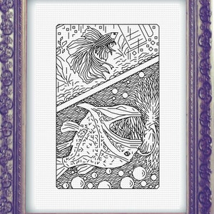 Op de afbeelding: Zwart-witte lijntekening van twee vissen. De vissen zijn gestileerd en gedetailleerd. De bovenste vis is een betta met vloeiende vinnen. De onderste vis is een kogelvis met een stekelig uiterlijk. De achtergrond is gevuld met bubbels en abstracte patronen.