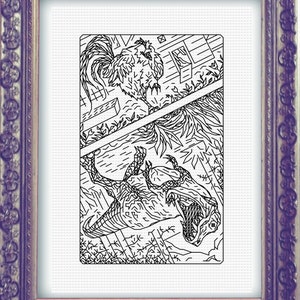 May include: A black and white line drawing of a rooster and a dinosaur. The rooster is standing on a fence and the dinosaur is hanging upside down from a tree branch. The drawing is framed in a gold frame.