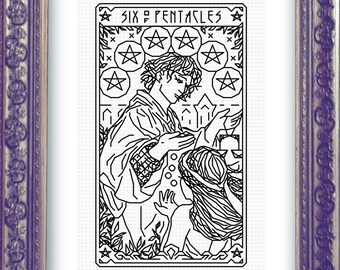 SIX OF PENTACLES Blackwork Embroidery Pattern, Modern Embroidery, Hand Embroidery, done in Backstitch (as in Cross Stitch Pattern)