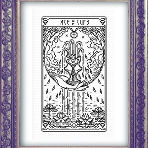 May include: Black and white illustration of the Ace of Cups tarot card. The card depicts a chalice with water pouring out of it, surrounded by lotus flowers and leaves. The text "ACE OF CUPS" is at the top of the card.