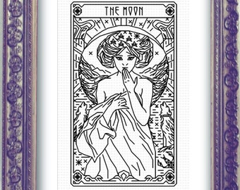 THE MOON Tarot Modern Cross Stitch Pattern Blackwork Embroidery Art Nouveau