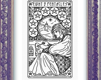 EIGHT OF PENTACLES Blackwork Embroidery Pattern, Modern Embroidery, Hand Embroidery, done in Backstitch (as in Cross Stitch Pattern)