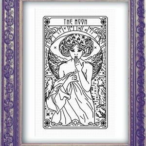 THE MOON Tarot Modern Cross Stitch Pattern Blackwork Embroidery Art Nouveau image 1