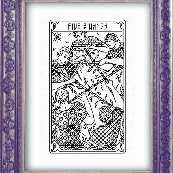 FIVE OF WANDS Tarot Modern Cross Stitch Pattern Blackwork Hand Embroidery Art Nouveau