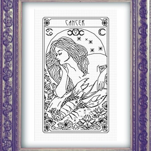 CANCER Zodiac Tarot Modern Cross Stitch Pattern Blackwork Embroidery Art Nouveau