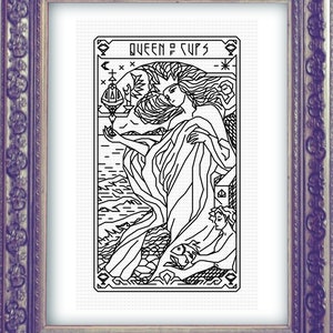 QUEEN OF CUPS Tarot Modern Cross Stitch Pattern Blackwork Embroidery Art Nouveau