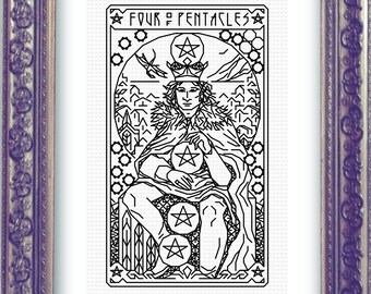 FOUR OF PENTACLES Blackwork Embroidery Pattern, Modern Embroidery, Hand Embroidery, done in Backstitch (as in Cross Stitch Pattern)