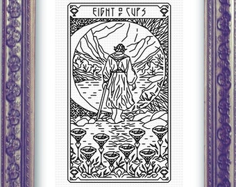 EIGHT OF CUPS Tarot Modern Cross Stitch Pattern Blackwork Embroidery Art Nouveau