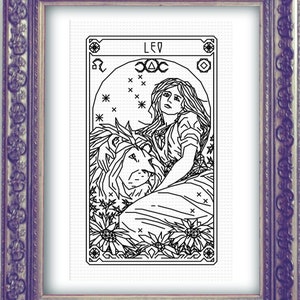 LEO Zodiac Tarot Modern Cross Stitch Pattern Blackwork Embroidery Art Nouveau