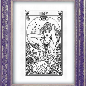 VIRGO Zodiac Tarot Modern Cross Stitch Pattern Blackwork Embroidery Art Nouveau