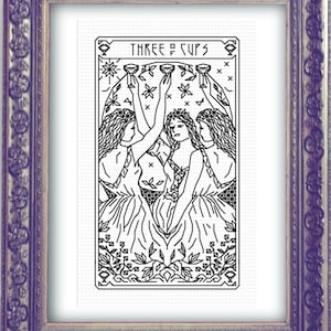 THREE OF CUPS Tarot Modern Cross Stitch Pattern Blackwork Embroidery Art Nouveau