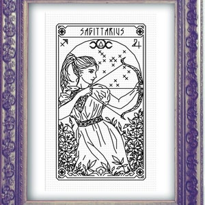 May include: Black and white line art illustration of a Sagittarius zodiac sign. The illustration features a woman holding a bow and arrow, with the constellation Sagittarius in the background. The text "SAGITTARIUS" and "21" are visible in the image.