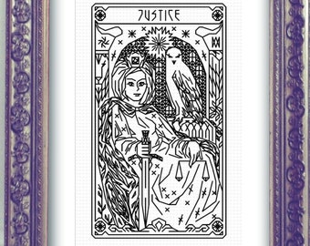 JUSTICE Tarot Modern Cross Stitch Pattern Blackwork Embroidery Art Nouveau