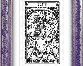 DEATH Tarot Modern Cross Stitch Pattern Blackwork Hand Embroidery Art Nouveau