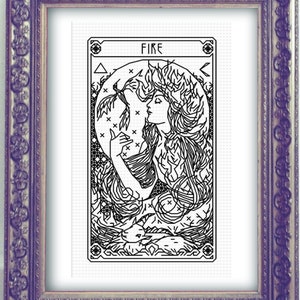 Op de afbeelding: Zwart-witte illustratie van een vrouw met golvend haar en een kroon van vlammen. De afbeelding is omlijst met een zwarte rand met het woord "FIRE" bovenaan.